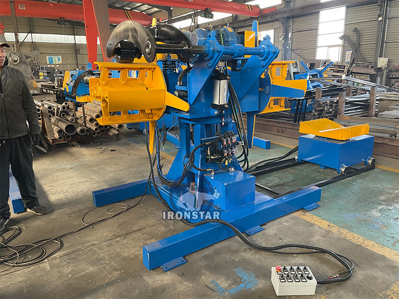 “Automatic 5 Ton 500mm Double Head Hydraulic Decoiler With Coil Loading Vehicle For Steel Coil Feeding Double Head Hydraulic Uncoiler 5T Capacity 500mm Width Decoiler Equipped With Loading Trolley”